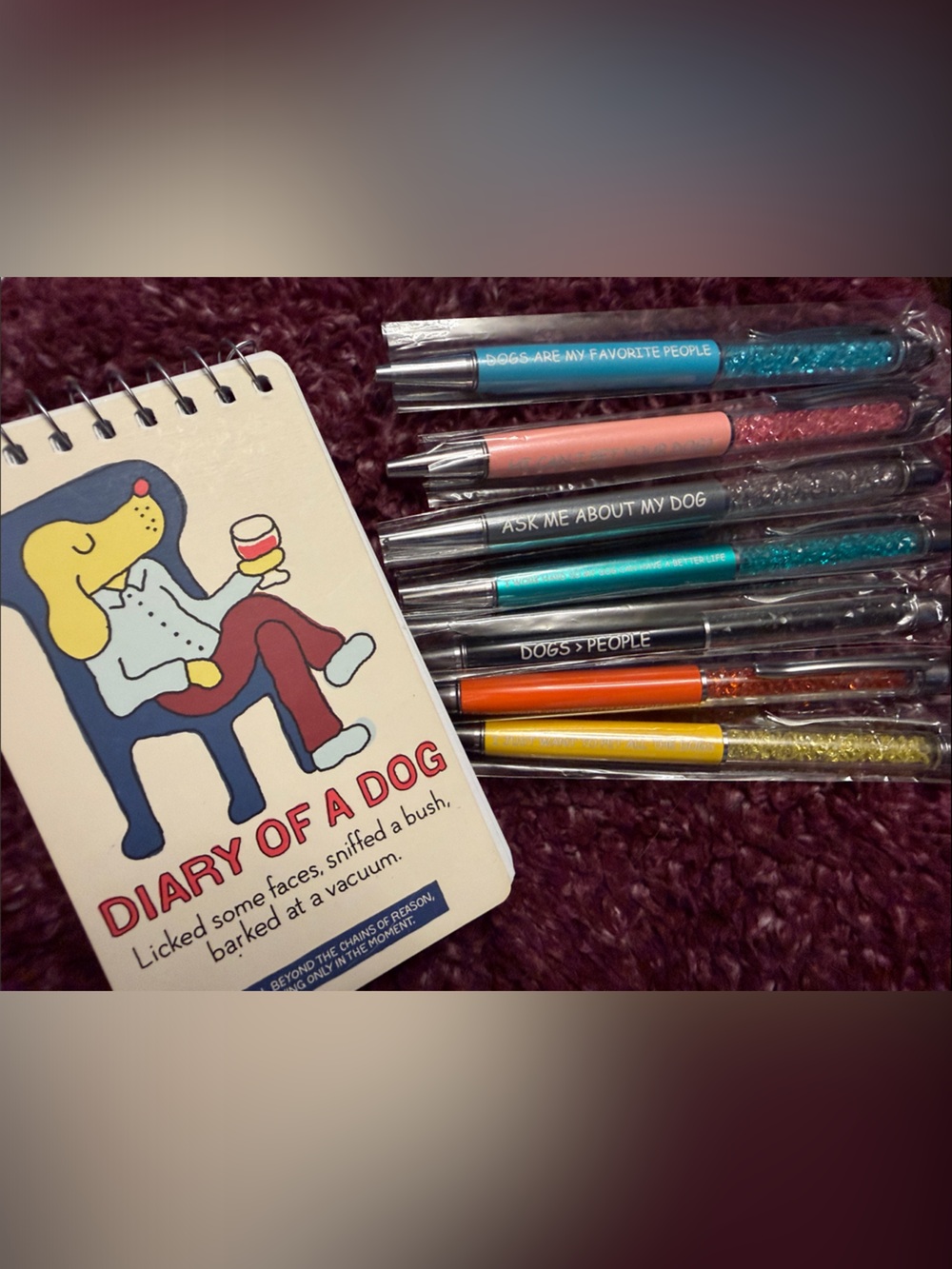 Set 7 Sparkle Dog Quote Pens with Diary of a Dog Spiral Notebook. All NEW.